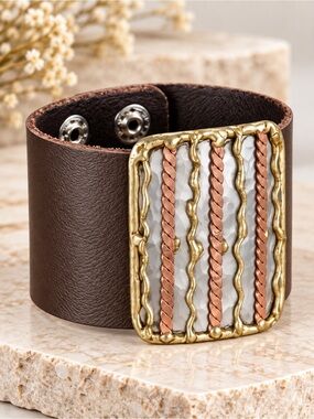 Handmade Genuine leather bracelet with Stripe mixed metals
